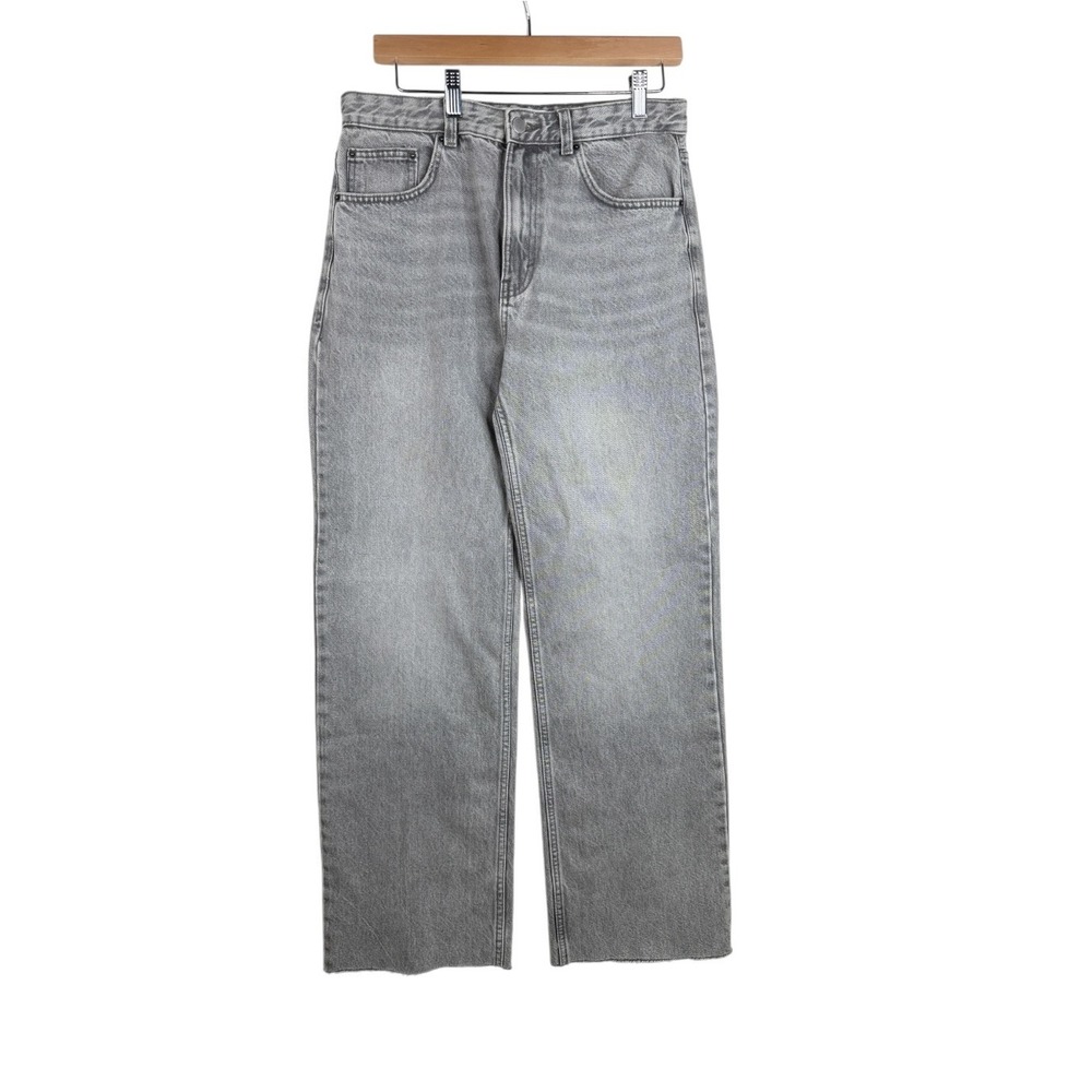 Pull & Bear Womens Straight Leg Jeans Size 6 Black Wash Denim Raw Hem High Waist